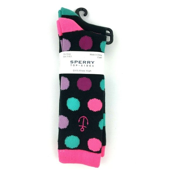 Sperry Top Sider Girls Knee High Socks 3-8.5 Black Polka Dot Anchor 2 Pairs - Picture 1 of 6